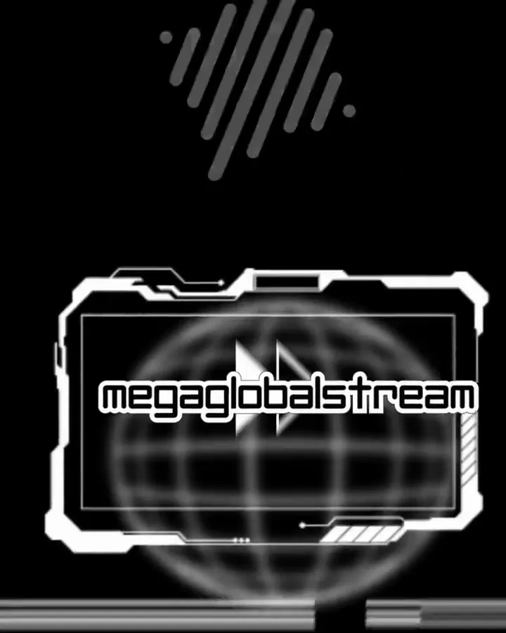 Futuristic digital interface featuring the word 'megaglobalstream' with a play icon in front of a blurred globe.