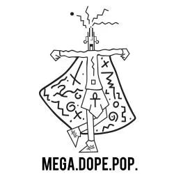 Abstract black and white geometric drawing with various symbols and shapes, labeled MEGA.DOPE.POP. below.