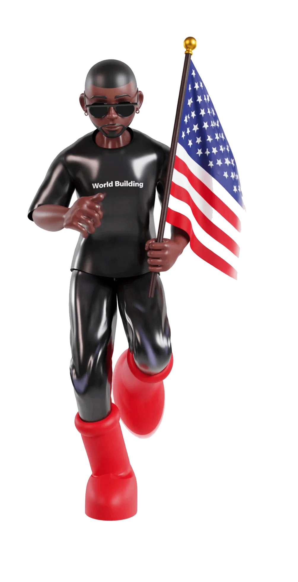 3D character wearing sunglasses, black outfit with 'World Building' text, red boots, holding an American flag.