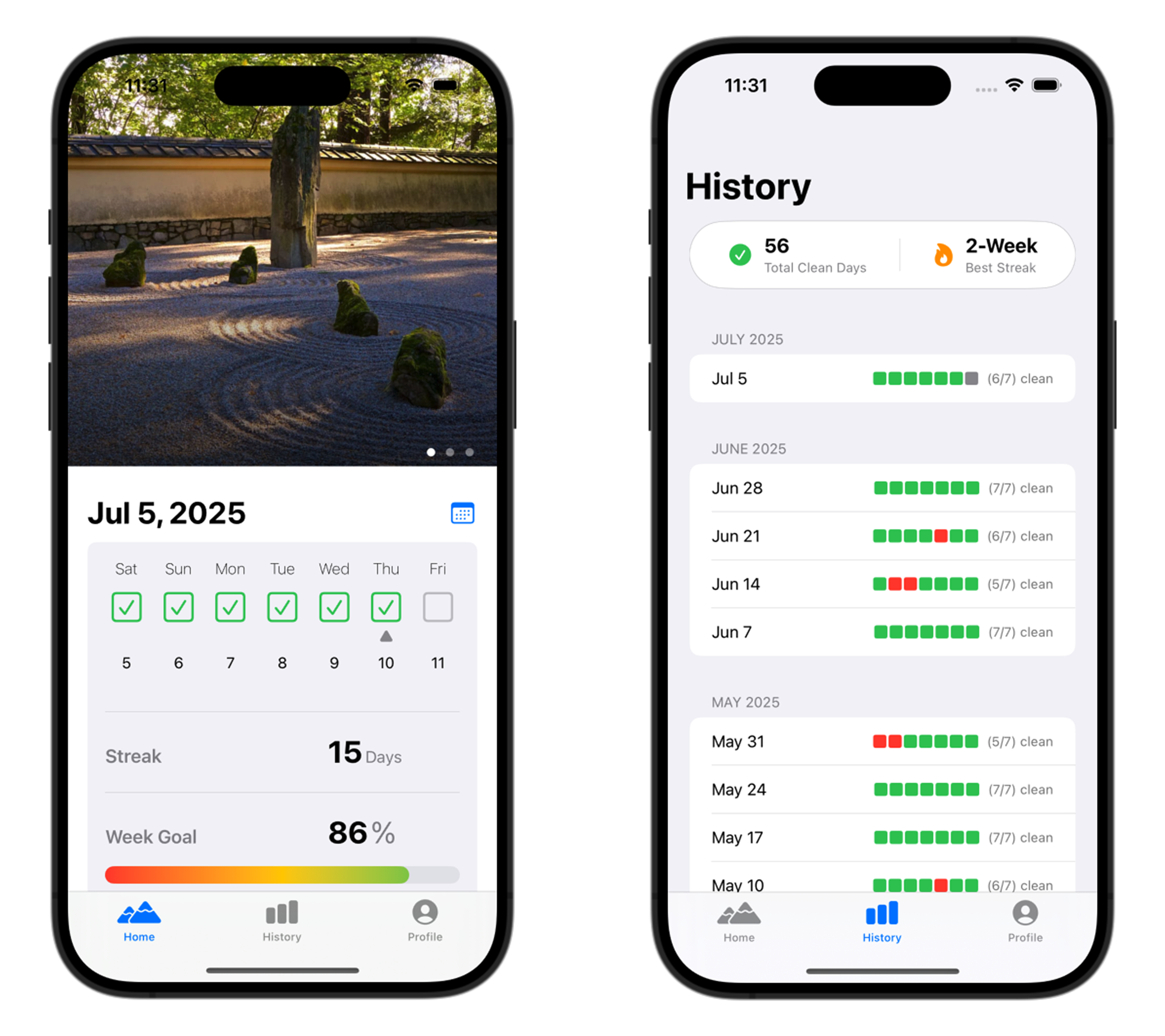 ZenStreak iPhone app screenshots showing a private porn-free day tracker and clean-streak progress