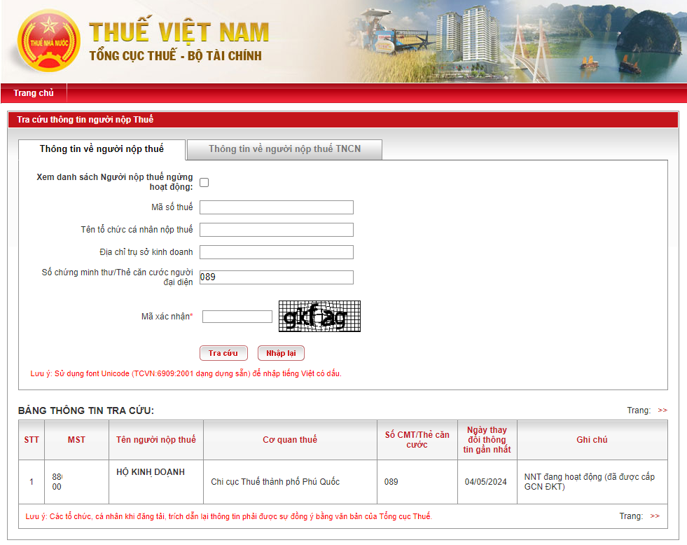 Tra mã số thuế hộ kinh doanh
