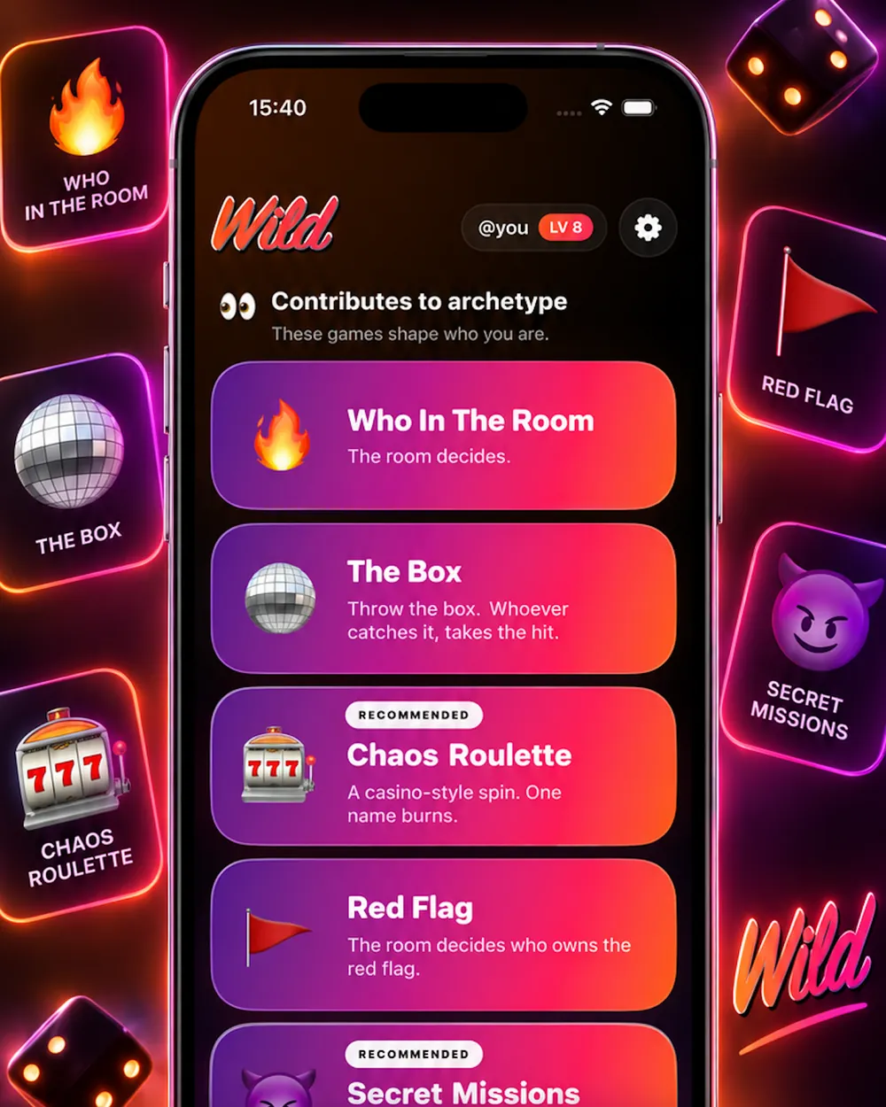 WILD on iPhone: the Games screen listing Who In The Room, The Box, Chaos Roulette and Red Flag