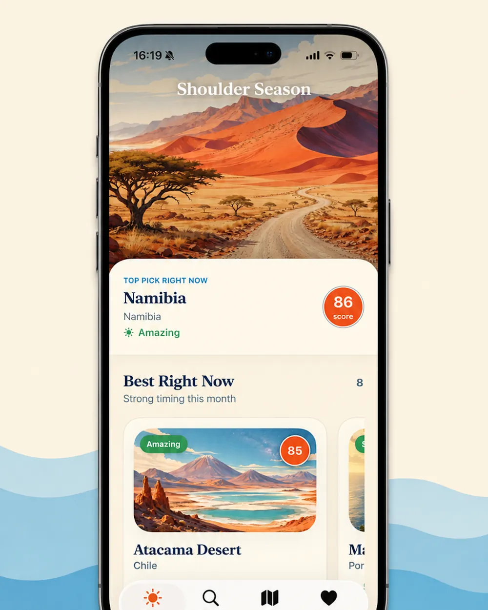 Shoulder Season on iPhone: the home screen with Namibia as today’s top pick
