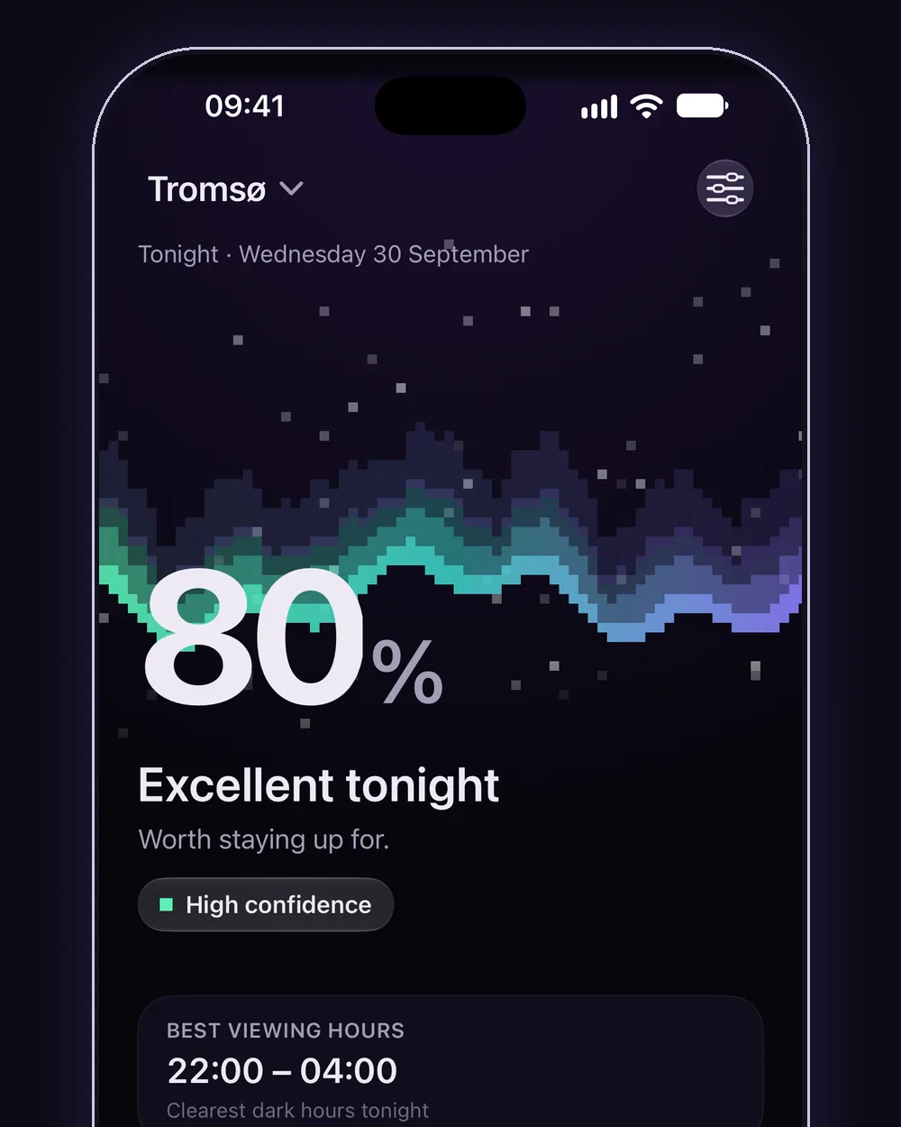 Aurora on iPhone: tonight’s forecast for Tromsø, 80% and rated Excellent with high confidence, best viewing hours 22:00 to 04:00