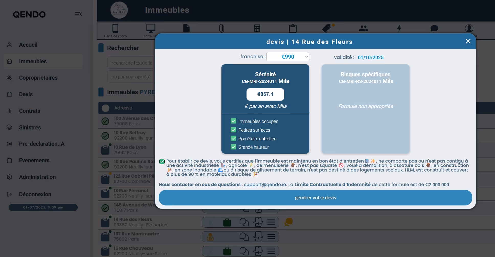 Devis d'assurance pour 14 Rue des Fleurs avec formule Sérénité à 867,40 € par an, options cochées pour immeubles occupés, petites surfaces, bon état d'entretien et grande hauteur, franchise de 990 €, validité au 01/10/2025.