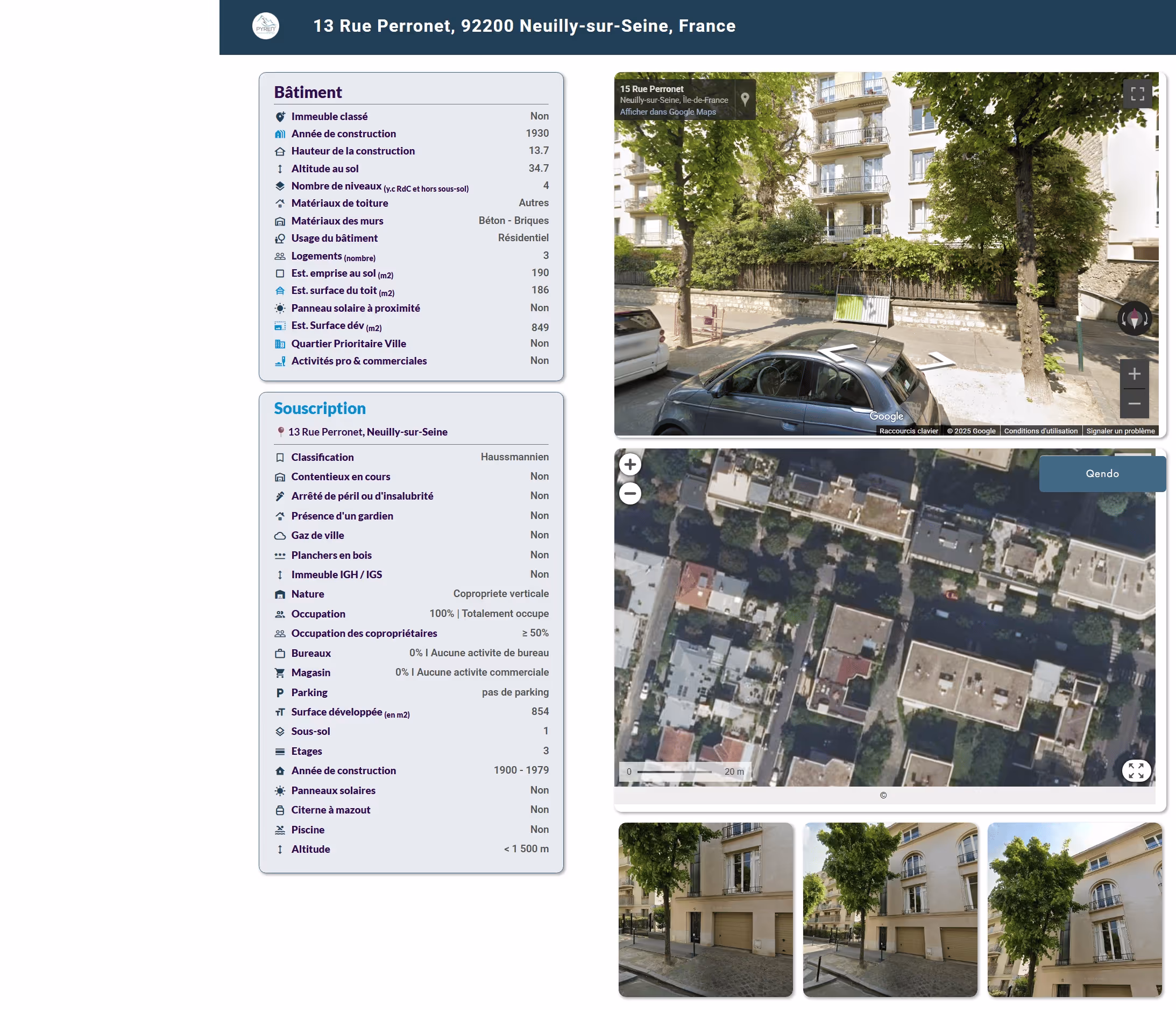Informations détaillées sur un bâtiment résidentiel situé au 13 Rue Perronet, Neuilly-sur-Seine, avec vue Google Maps au niveau de la rue, une vue satellite du quartier et plusieurs photos de la façade de l'immeuble Haussmannien.