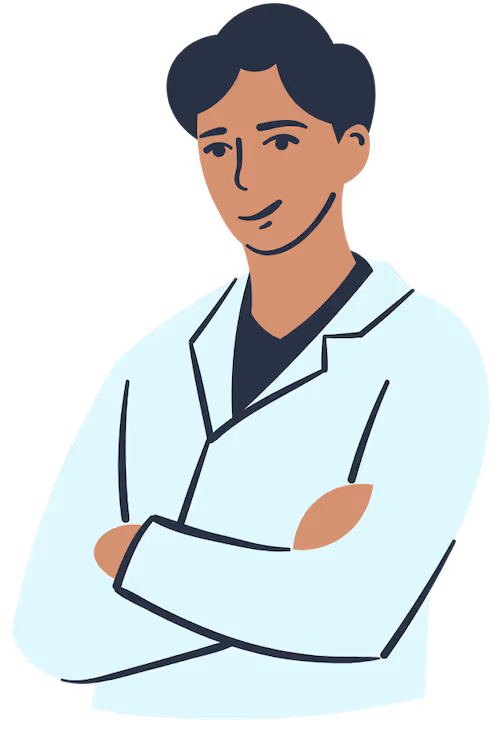 en illustrasjon av en forsker med hendene i kryss som smiler.