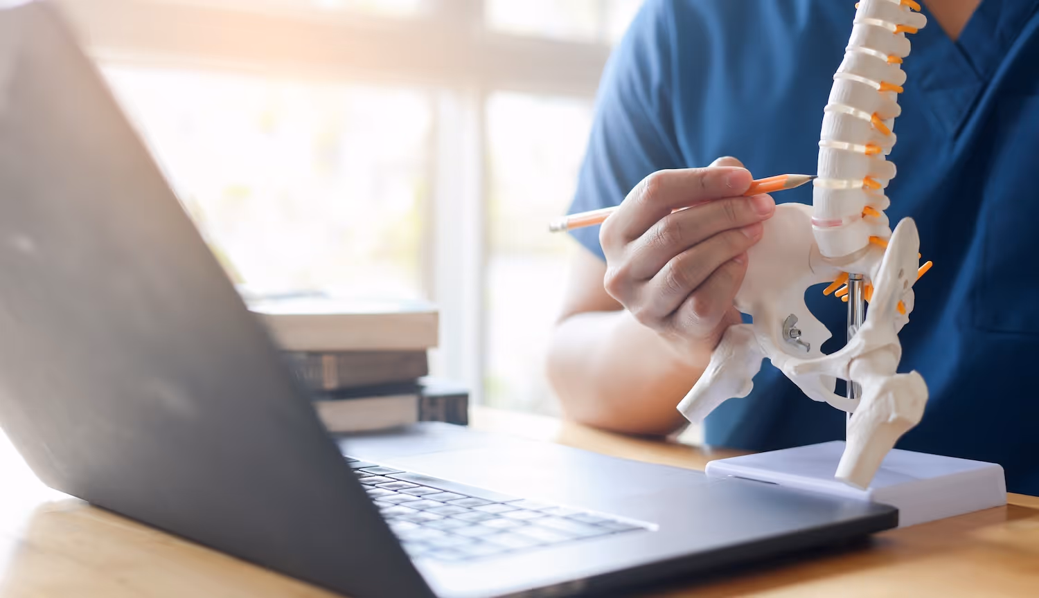 Bildet viser en fysioterapeut som sitter foran en datamaskin og peker på en anatomisk modell av ryggen. fysioterapeuten forklarer kanskje hva som skjer ved ryggplager eller smerter i ryggen som for eksempel ved et kink i ryggen eller akutt lumbago.