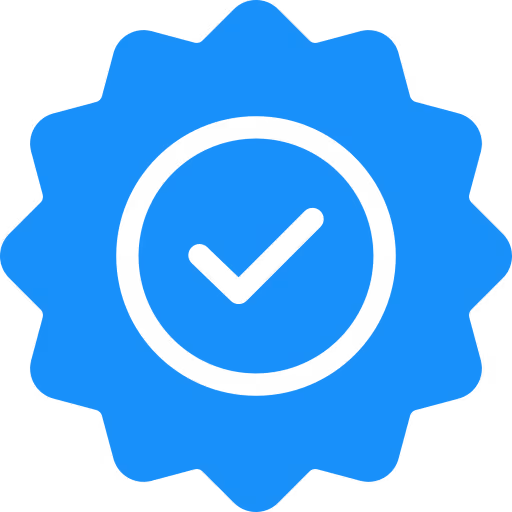 Blå verifiseringstagg med en svart hake i sirkelen.