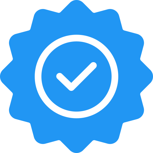 Blå verifiseringstagg med en svart hake i sirkelen.