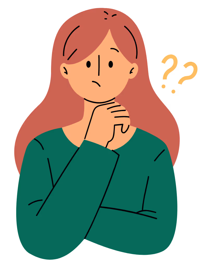 Illustrasjon av en kvinne med rødt hår og grønn genser som ser forvirret ut med to spørsmålstegn ved siden av hodet.
