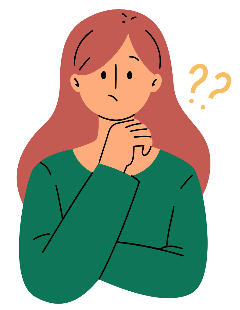 Illustrasjon av en kvinne med rødt hår og grønn genser som ser forvirret ut med to spørsmålstegn ved siden av hodet.