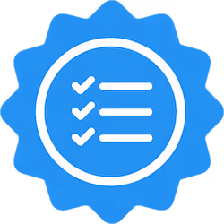 Blått klistremerke med tre hvite avkryssingsbokser og tre linjer som representerer en sjekkliste.