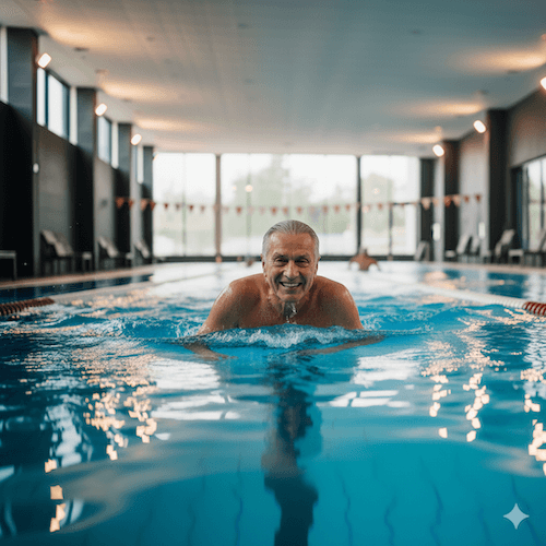 En eldre smilende mann som smiler mens han svømmer brystsvømming i et svømmebasseng.