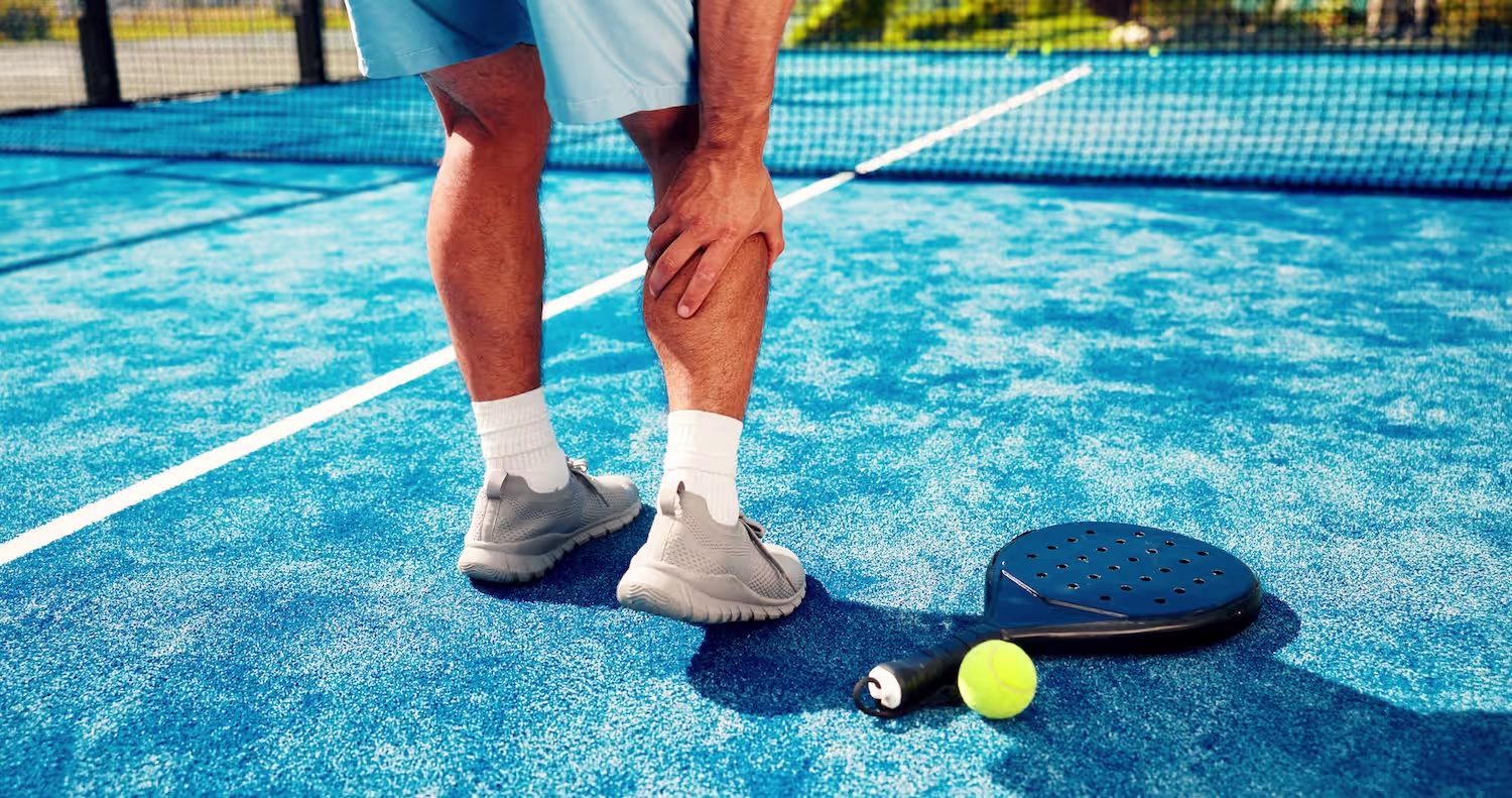 En padelspiller står på banen og holder seg fast i baksiden av leggen med et smertefullt uttrykk, som illustrasjon på en akutt strekk i leggmuskulaturen (tennislegg). En padelracket og ball ligger på det blå dekket i forgrunnen.