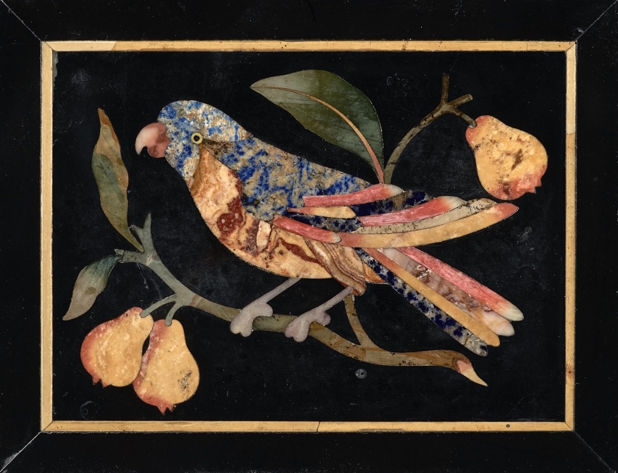 A PAIR OF PIETRE DURE PLAQUES OF PARROTS ON BRANCHES