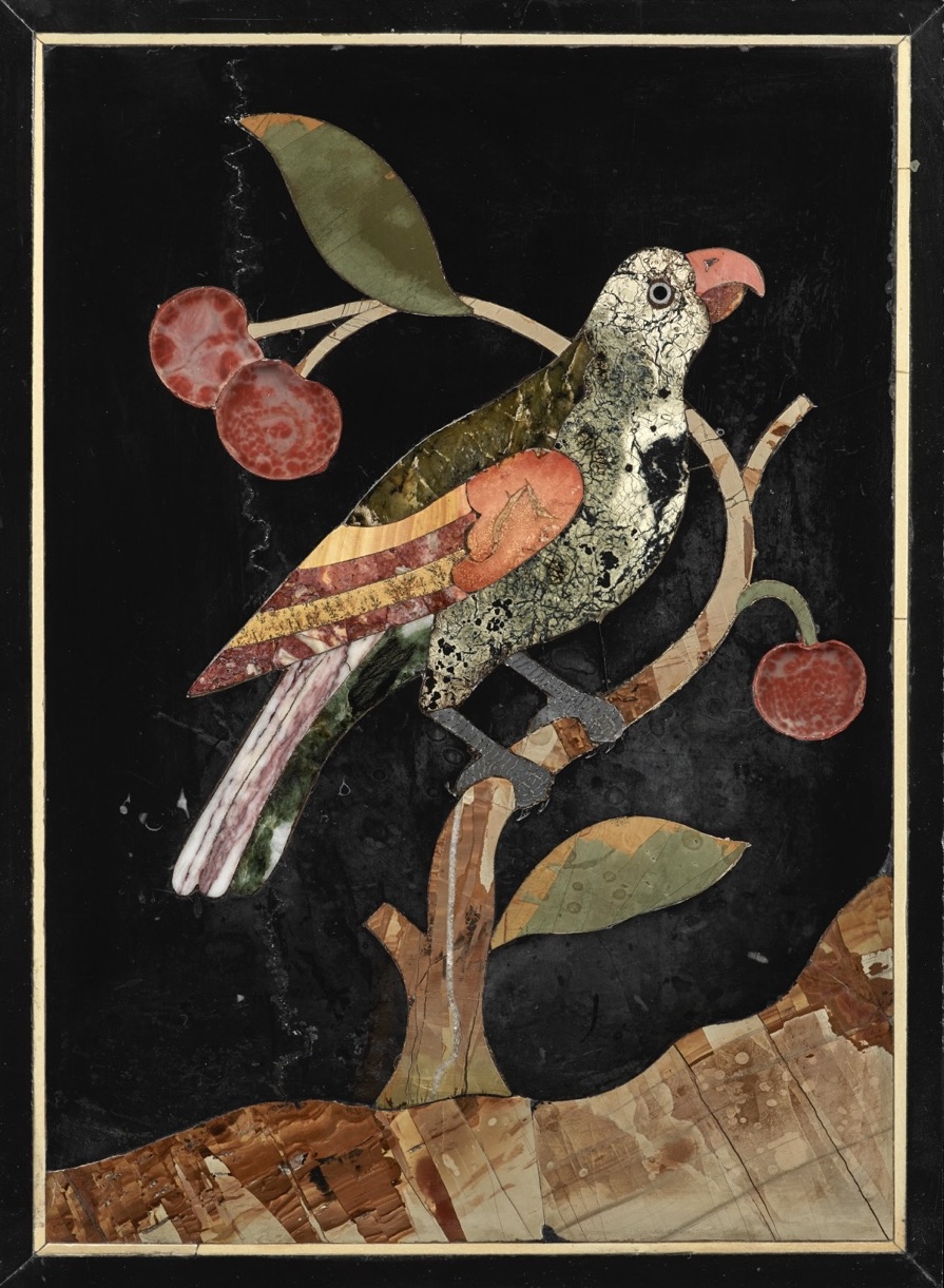 A RECTANGULAR PIETRE DURE PLAQUE DEPICTING A PARROT ON A BRANCH