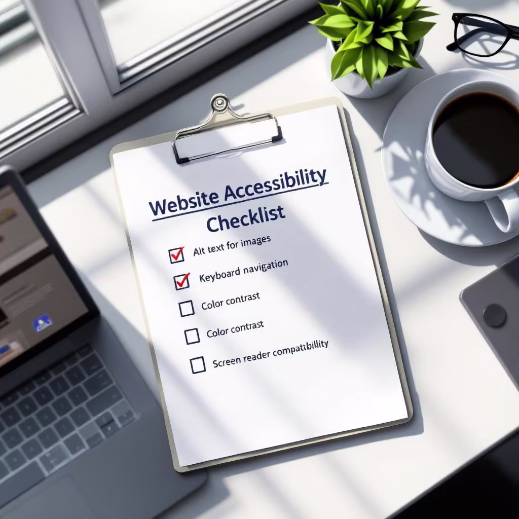 Fotorealistische Draufsicht auf einen modernen Schreibtisch mit einer ausgedruckten „Website Accessibility Checklist“ auf einem Klemmbrett. Die Liste enthält Punkte wie „Alt-Texte für Bilder“, „Tastaturnavigation“, „Farbkontrast“ und „Screenreader-Kompatibilität“, teils abgehakt. Daneben liegen ein Laptop mit einer geöffneten Website und Barrierefreiheits-Symbolen, eine Kaffeetasse und eine Brille. Tageslicht fällt durch ein Fenster und erzeugt weiche Schatten, das Gesamtbild wirkt aufgeräumt und professionell.