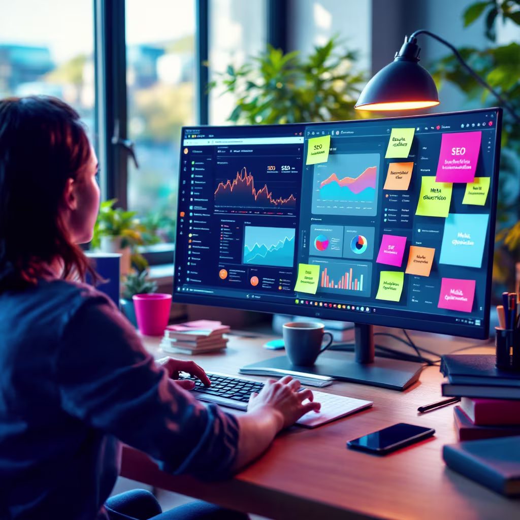 "Ein moderner Arbeitsplatz mit einem Marketingexperten, der SEO für eine Landingpage optimiert. Auf dem großen Monitor sind ein Website-Editor, Keyword-Analyse-Tools und SEO-Diagramme zu sehen. Am Bildschirm kleben Notizzettel mit Begriffen wie 'Backlinks', 'Meta Description' und 'Mobile Optimization'. Der Raum ist hell und aufgeräumt, Tageslicht fällt durch ein Fenster, auf dem Schreibtisch liegen Fachbücher, ein Smartphone und eine Kaffeetasse."
