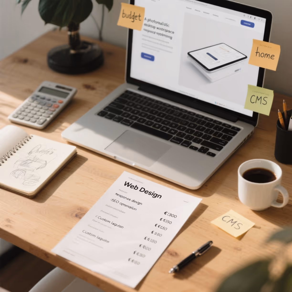 Ein Schreibtisch mit einer Preisübersicht für Webdesign-Leistungen, darunter Posten wie 'Responsive Design' und 'SEO-Optimierung' mit Euro-Angaben. Im Hintergrund zeigt ein Laptop einen modernen Website-Entwurf. Daneben liegen Notizbuch, Taschenrechner, Kaffeetasse und Stift. Klebezettel mit Begriffen wie 'Budget' und 'CMS' ergänzen die Szene. Natürliches Licht sorgt für eine professionelle, ordentliche Atmosphäre.