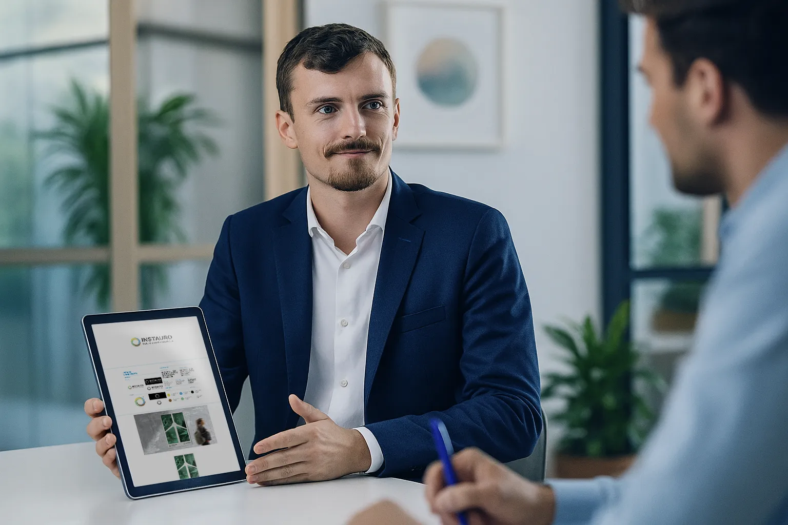 An image of Xavier Cubbin talking to his client during a business meeting