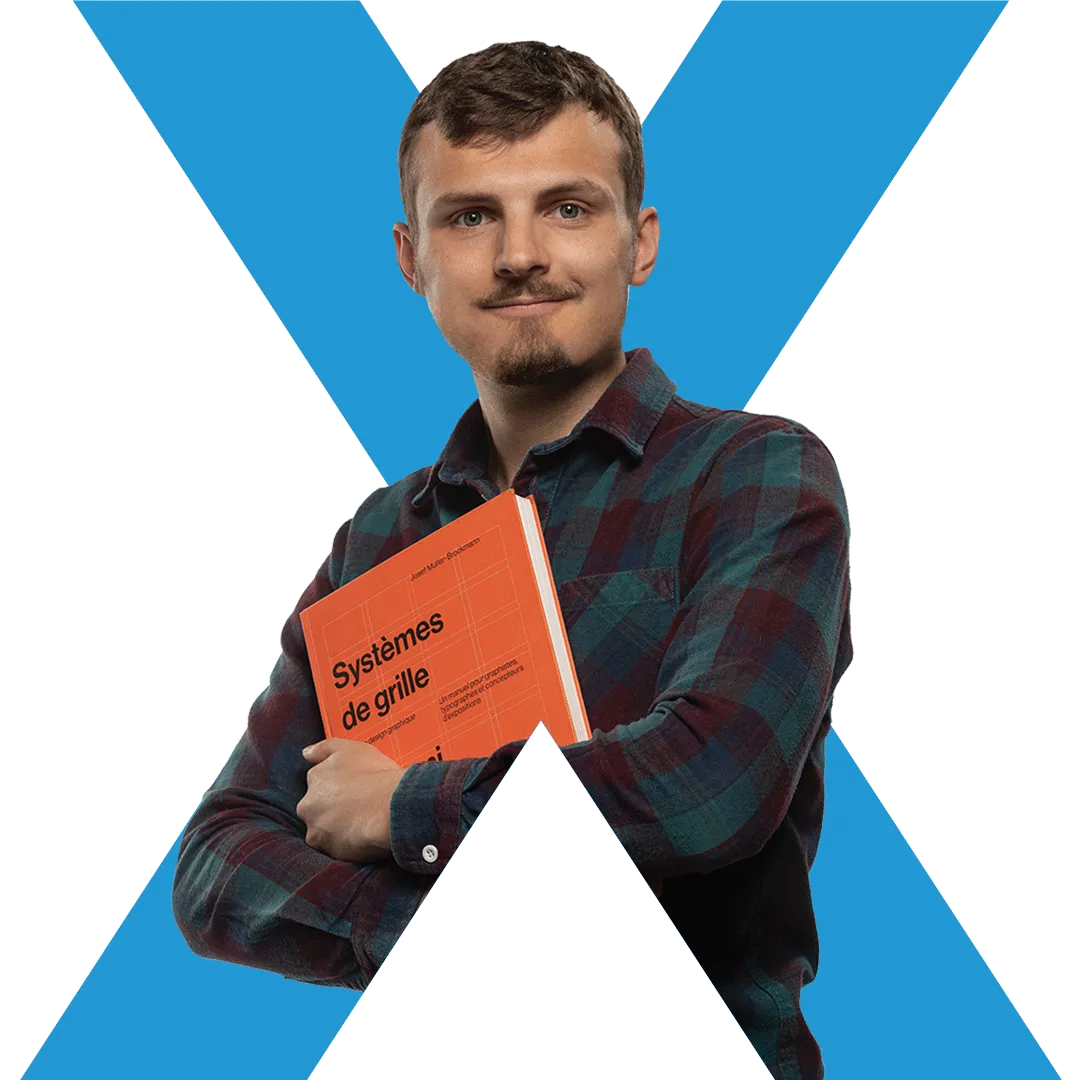 A picture of Xavier Cubbin, a 33 year old caucasian man with anchor beard, framed inside the letter X