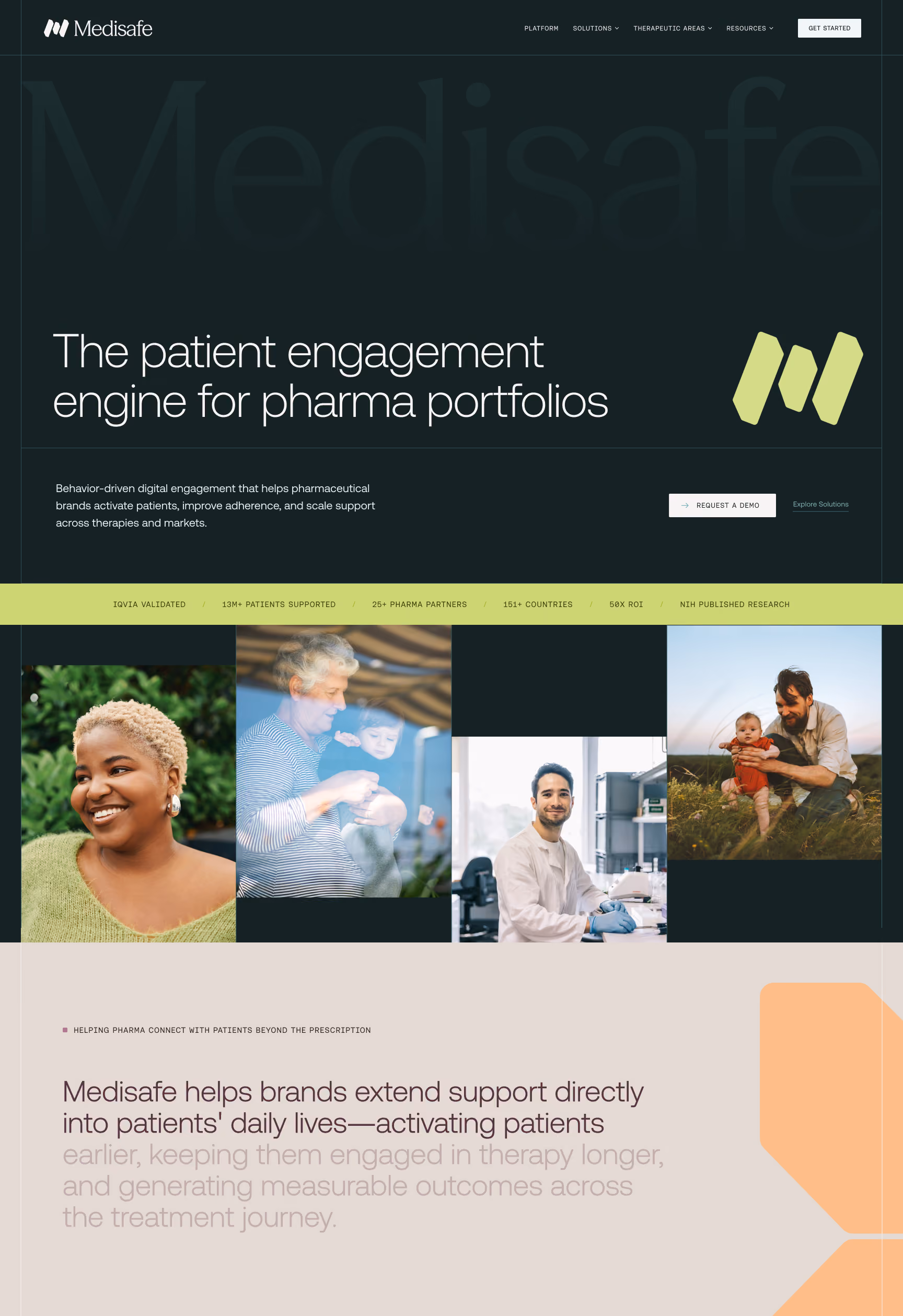 Medisafe homepage showing patient engagement for pharma with diverse patient and professional photos.