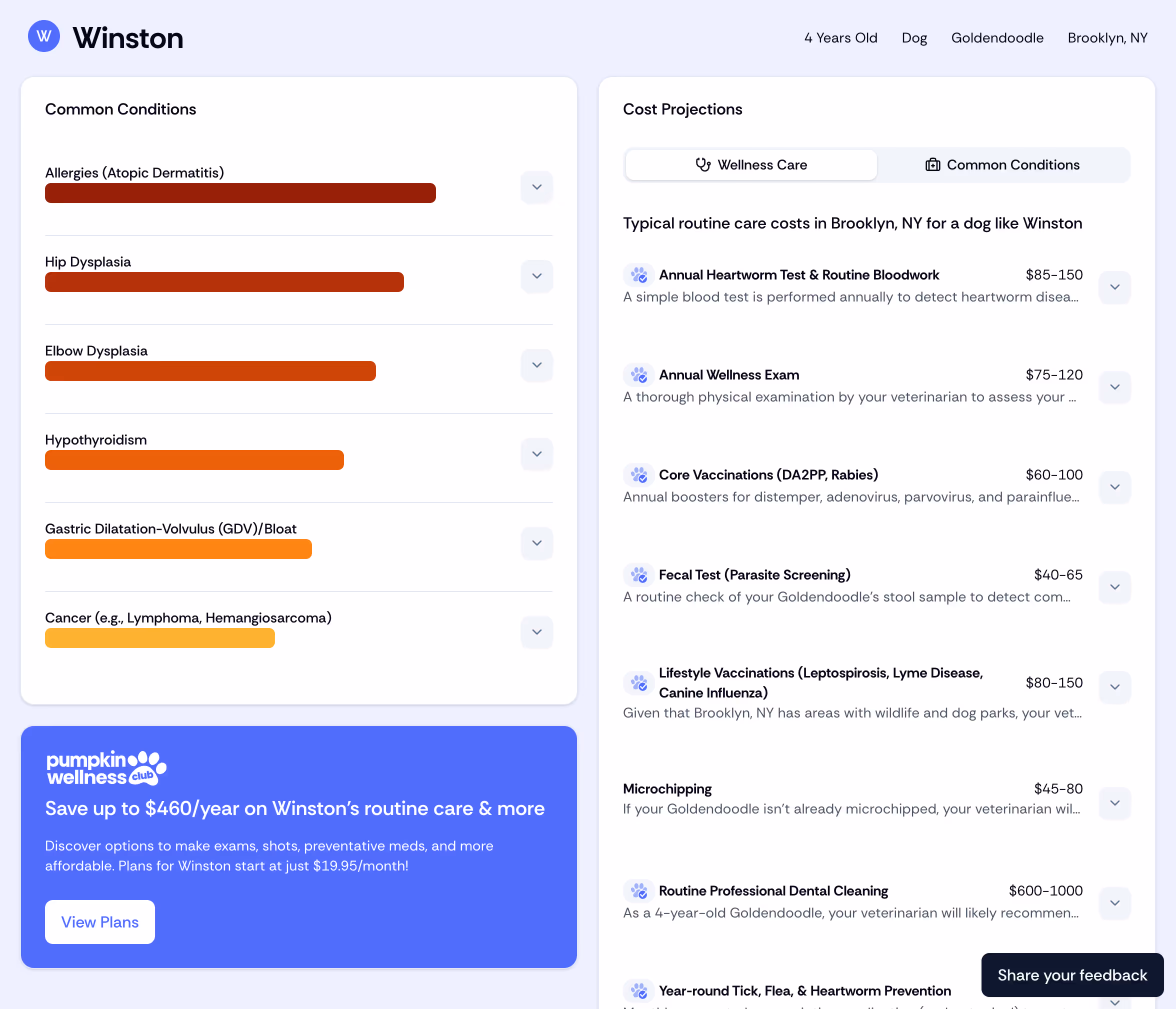 Screenshot of a Pet Health Predictor report
