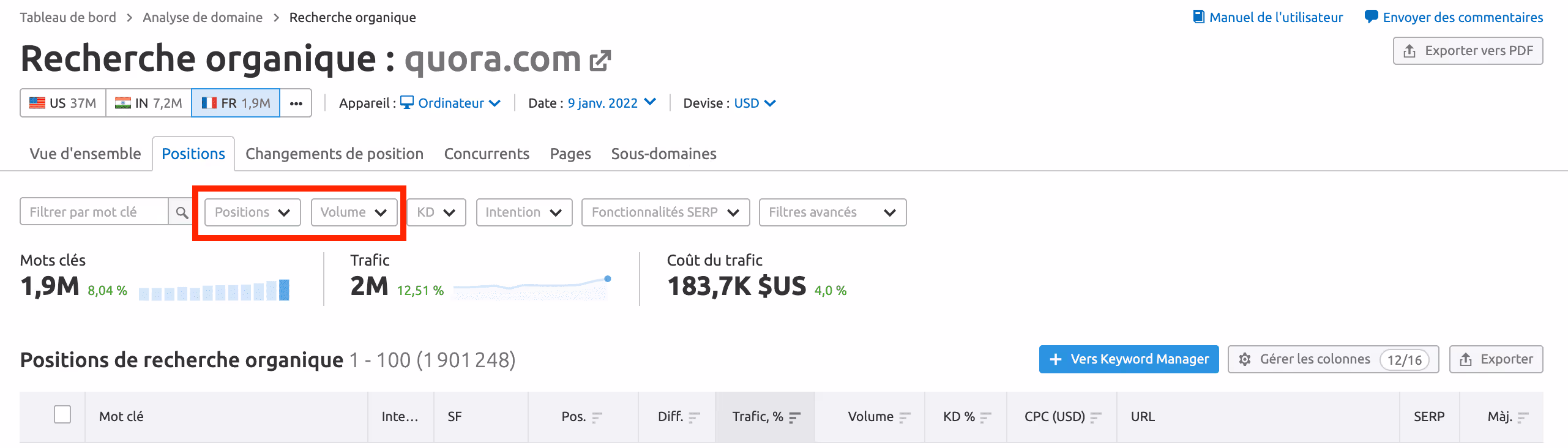 Paramètres de recherche sur SEMrush