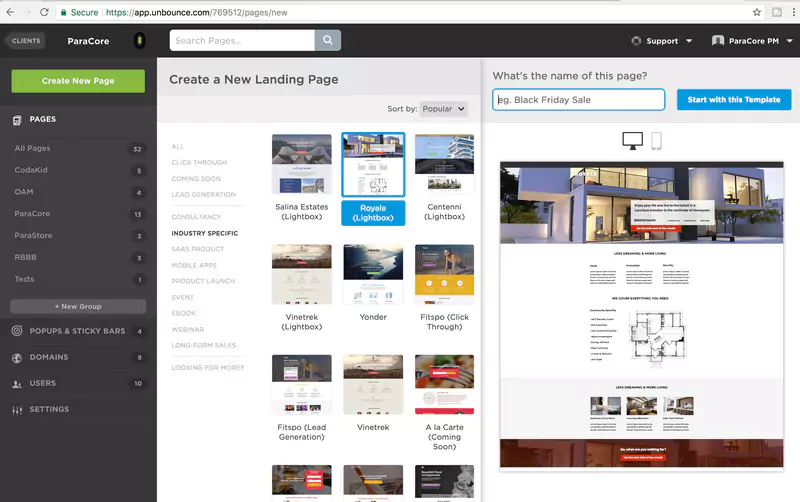 modèles de landing page disponible sous Unbounce