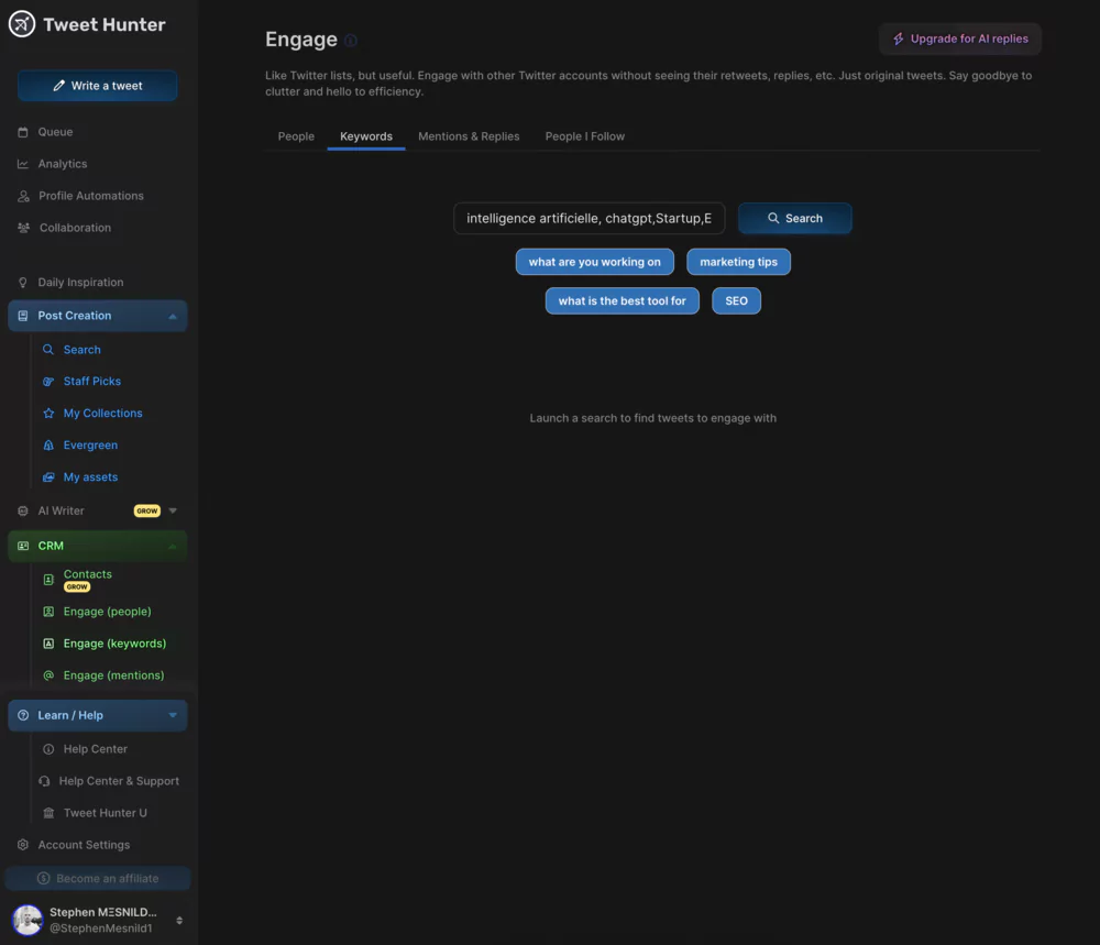 Utilisez les bons mots-clés pour trouver votre audience idéale sur Tweet hunter