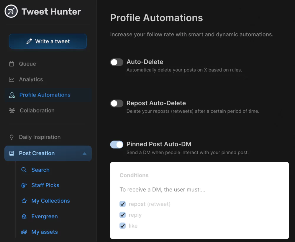 L'interface d'automatisation de Tweet Hunter