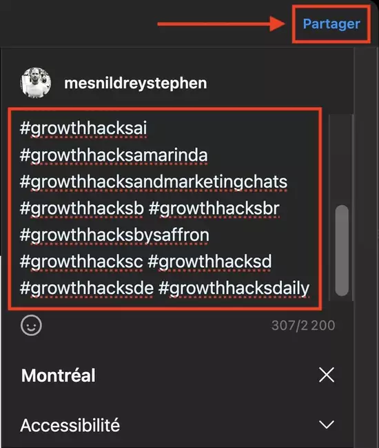 coller les hashtags et partage la publication sur Instagram