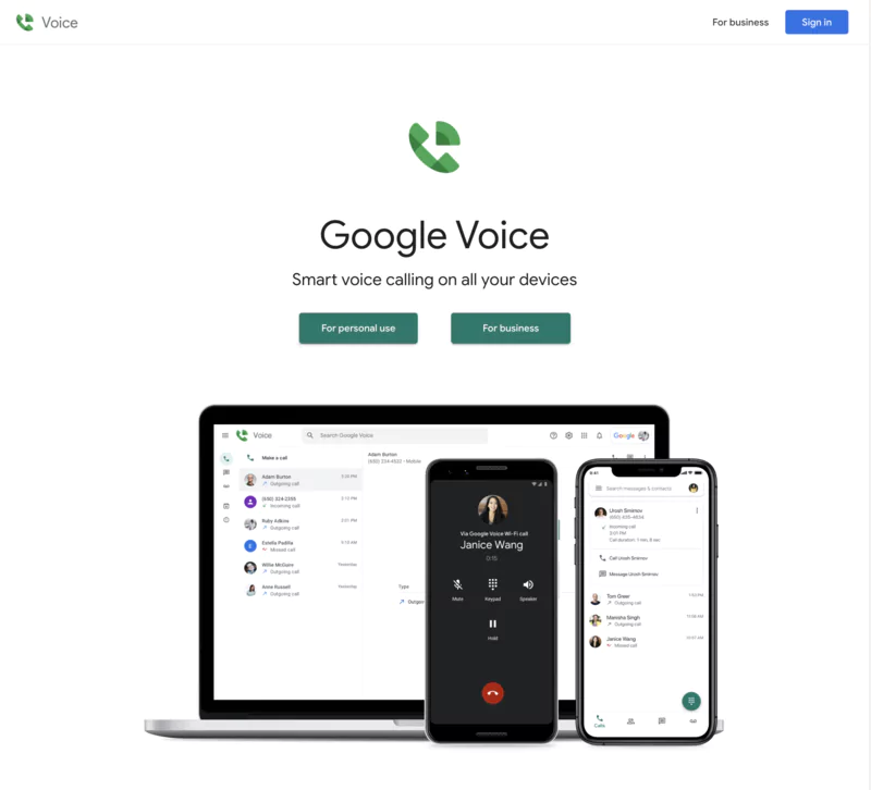 page d'accueil de Google Voice