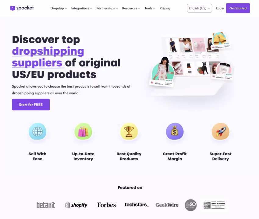 screenshot of Spocket homepage