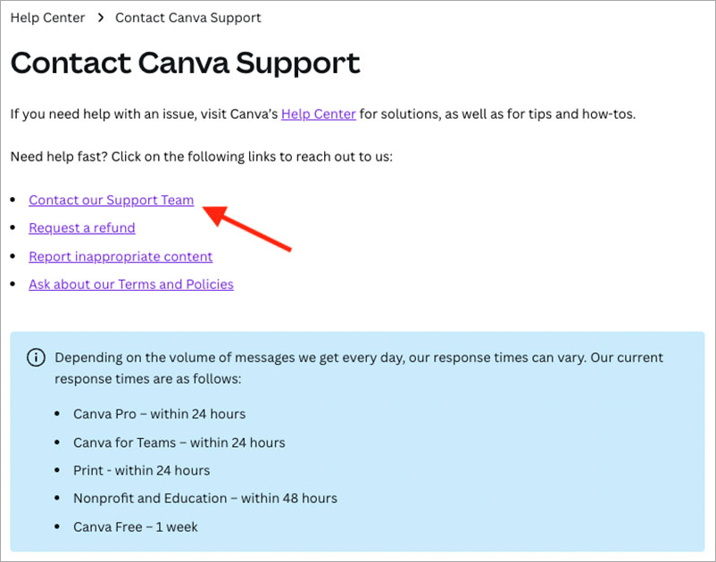 Contacting Canva's customer support team