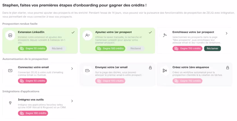 Obtenez des crédts supplémentaires en remplissant toutes les étapes de l'onboarding de Zeliq