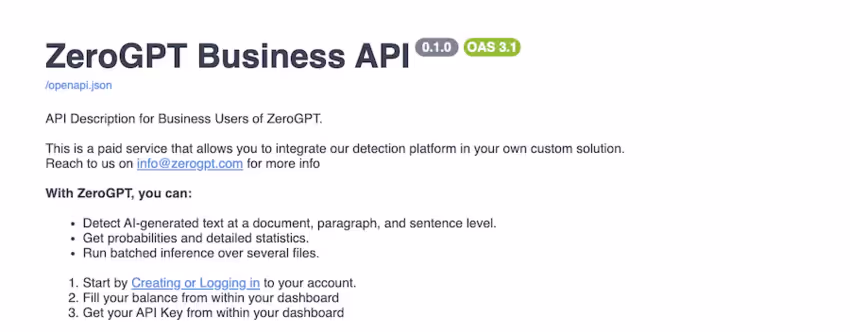 API pour l'intégration zeroGPT