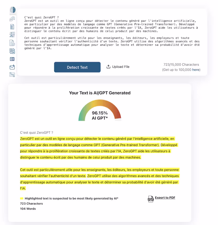 Détection de contenu IA sur le site web de zeroGPT