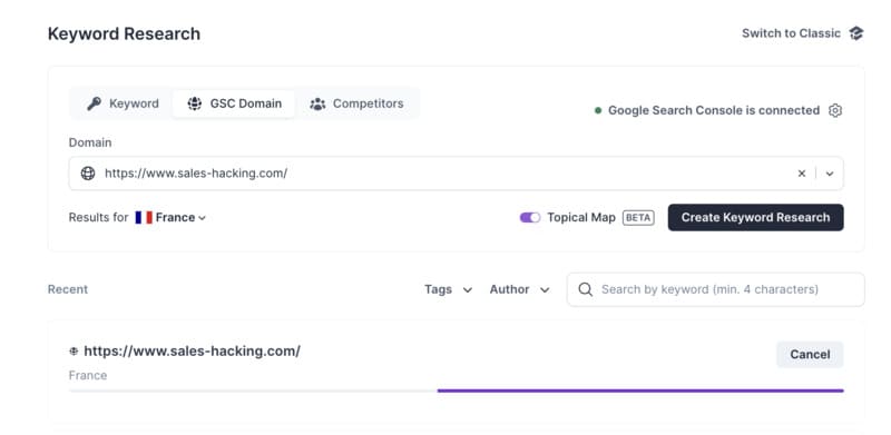 Recherche automatique de mots clés avec Surfer SEO