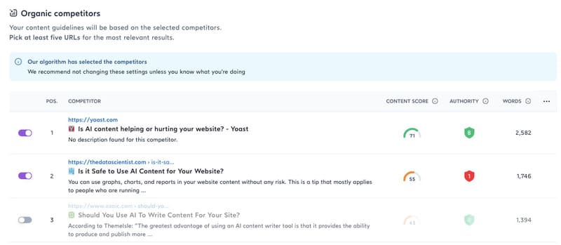 Sélection des concurrents sur Surfer SEO