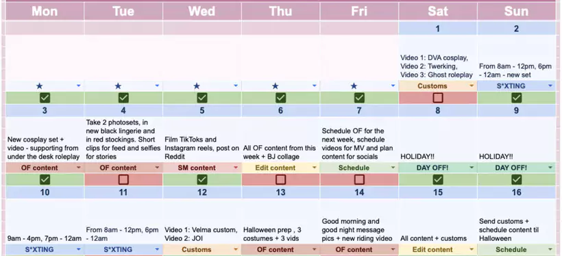 Planning type d'une semaine productive d'un compte Onlyfans
