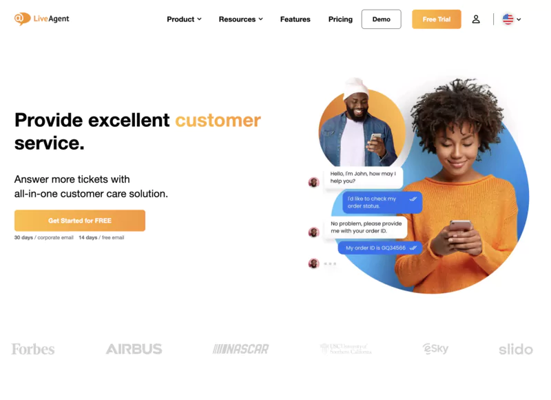 Page d'accueil de LiveAgent