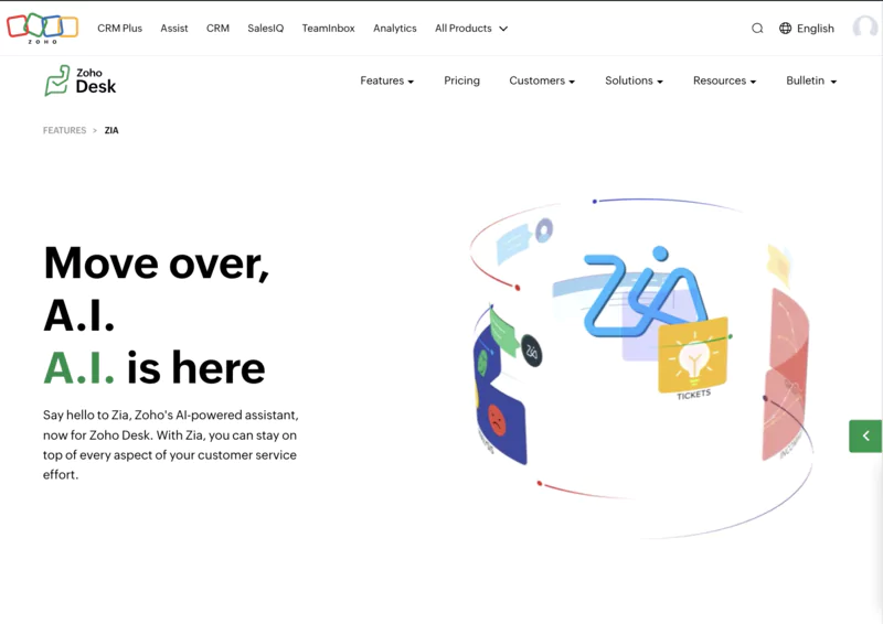 Page d'accueil de Zoho Desk