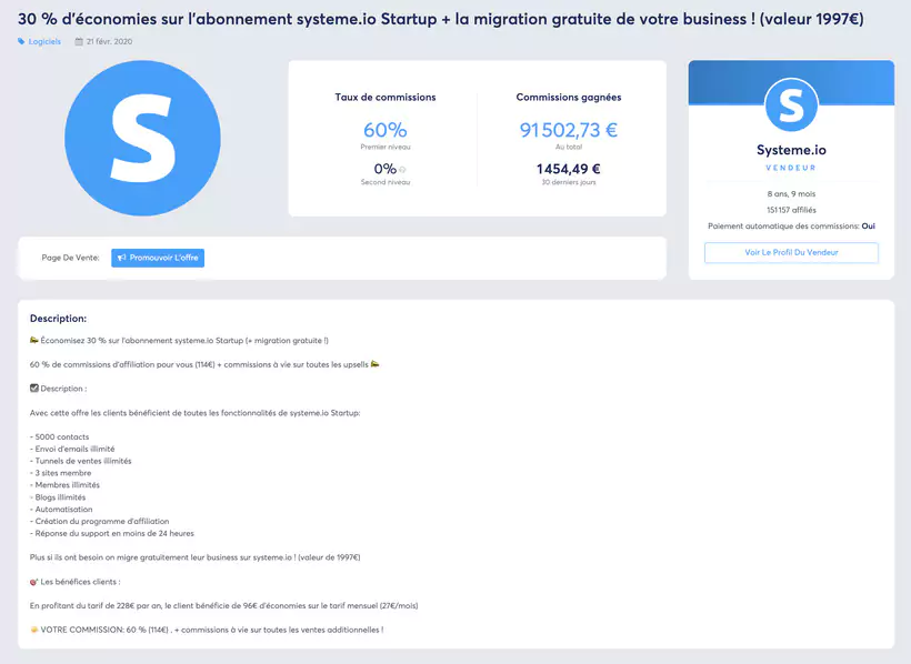 offre affiliation sur la marketplace de system io