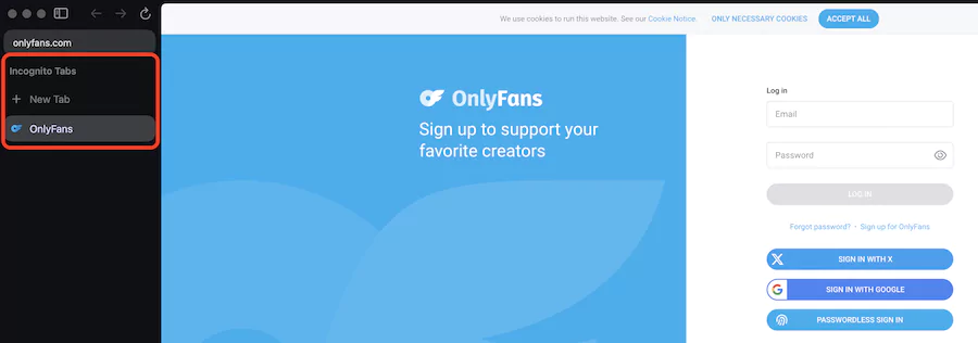 navigation privée pour se connecter à Onlyfans