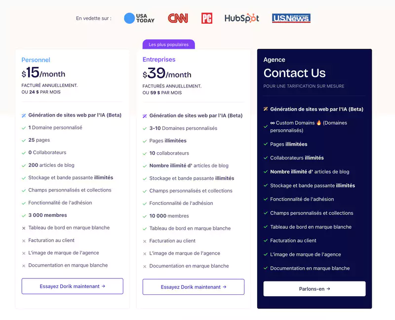 tarifs de Dorik