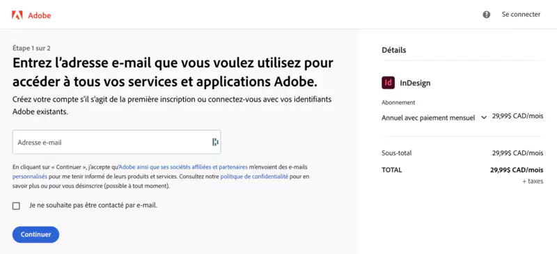 tarifs de Adobe InDesign