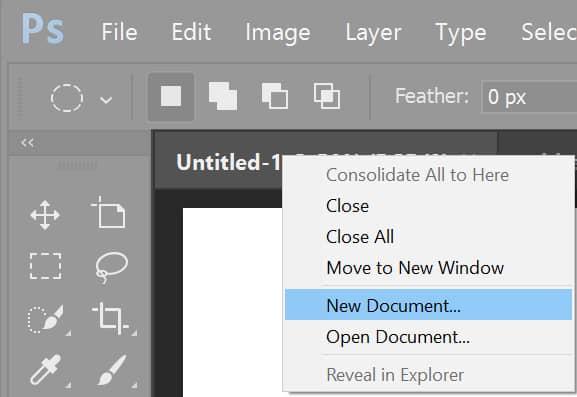 Adobe Photoshop create new document
