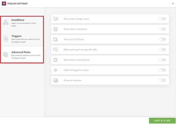 using elementors conditions triggers and advanced rules
